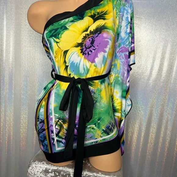 Entry blouse tie at waist one shoulder bay wing belted open shoulder floral top - Picture 9 of 13